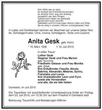 Traueranzeige von Anita Gesk von ALLGEMEINE ZEITUNG UELZEN