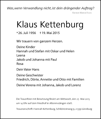 Traueranzeige von Klaus Kettenburg von Uelzen