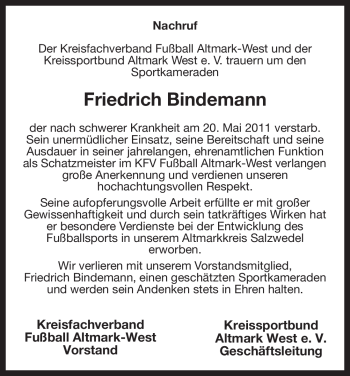 Traueranzeige von Friedrich Bindemann von ALLGEMEINE ZEITUNG UELZEN