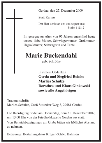 Traueranzeige von Marie Buckendahl von ALLGEMEINE ZEITUNG UELZEN