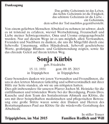 Traueranzeige von Sonja Kürbis von Uelzen