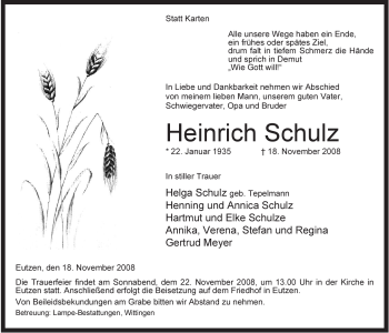 Traueranzeige von Heinrich Schulz von ALLGEMEINE ZEITUNG UELZEN