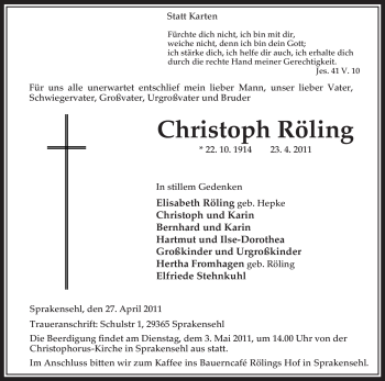 Traueranzeige von Christoph Röling von ALLGEMEINE ZEITUNG UELZEN