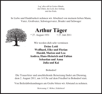 Traueranzeige von Arthur Täger von ALLGEMEINE ZEITUNG UELZEN