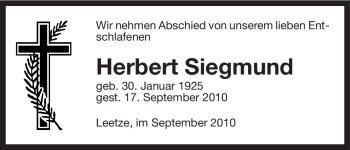 Traueranzeige von Herbert Siegmund von ALLGEMEINE ZEITUNG UELZEN