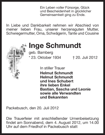 Traueranzeige von Inge Schmundt von ALLGEMEINE ZEITUNG UELZEN