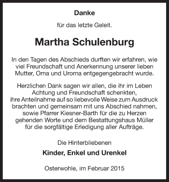 Traueranzeige von Martha Schulenburg von Uelzen