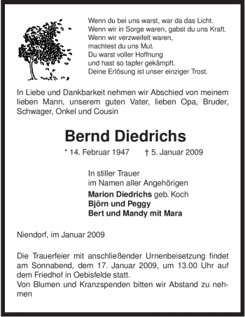 Traueranzeige von Bernd Diedrichs von ALLGEMEINE ZEITUNG UELZEN