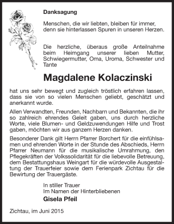 Traueranzeige von Magdalene Kolaczinski von Uelzen