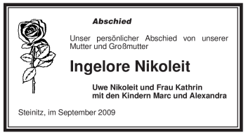 Traueranzeige von Ingelore Nikoleit von ALLGEMEINE ZEITUNG UELZEN