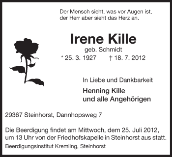 Traueranzeige von Irene Kille von ALLGEMEINE ZEITUNG UELZEN