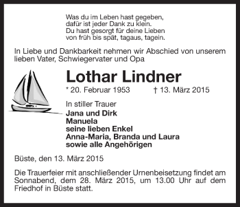 Traueranzeige von Lothar Lindner von Uelzen