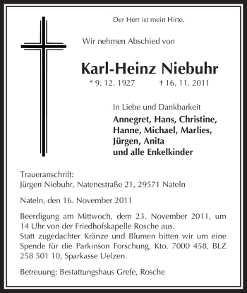 Traueranzeige von Karl-Heinz Niebuhr von ALLGEMEINE ZEITUNG UELZEN