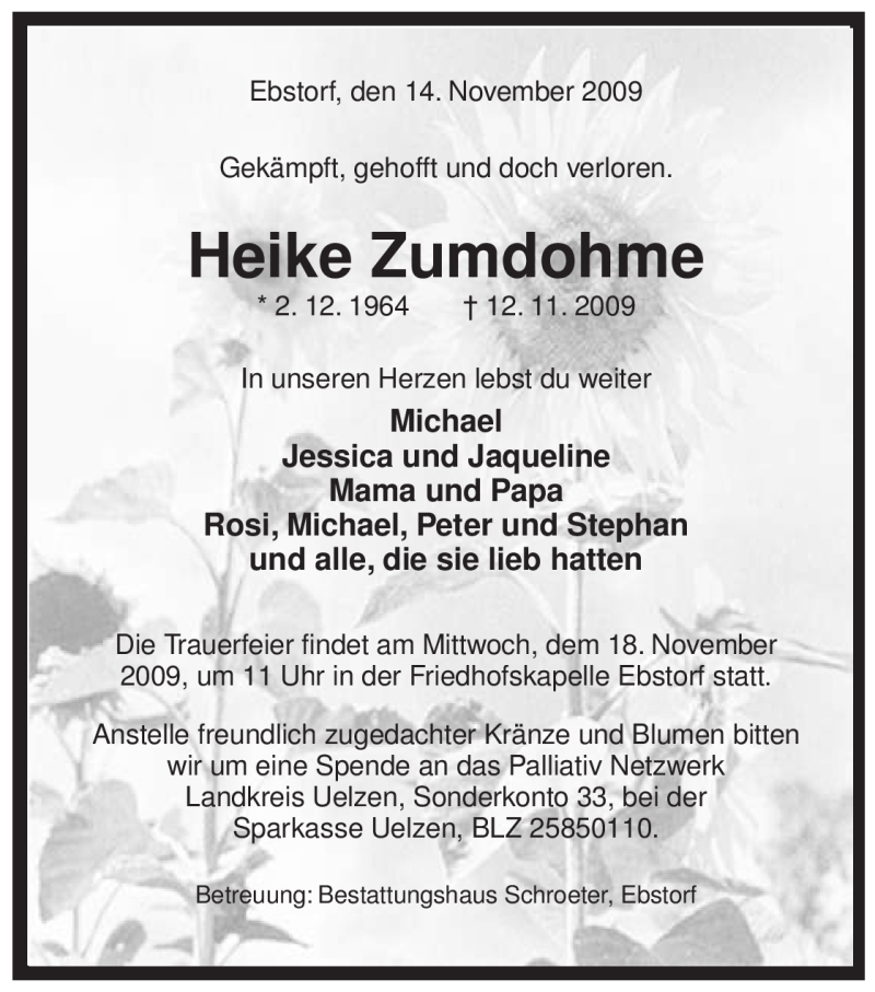  Traueranzeige für Heike Zumdohme vom 14.11.2009 aus ALLGEMEINE ZEITUNG UELZEN