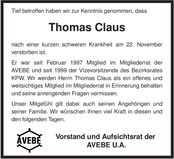 Traueranzeige von Thomas Claus von ALLGEMEINE ZEITUNG UELZEN