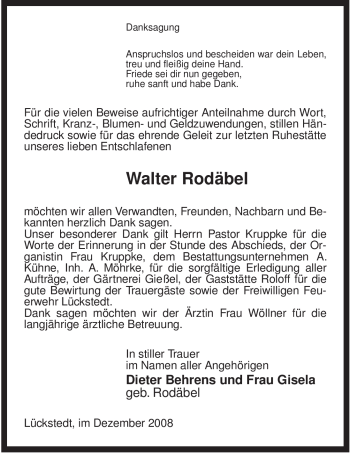 Traueranzeige von Walter Rodäbel von ALLGEMEINE ZEITUNG UELZEN