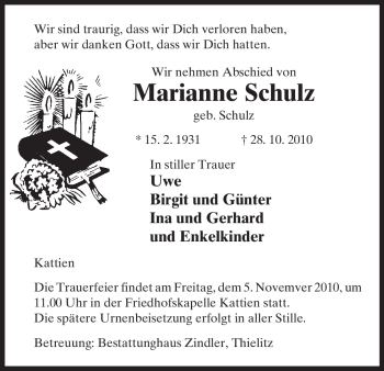 Traueranzeige von Marianne Schulz von ALLGEMEINE ZEITUNG UELZEN