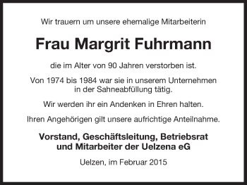 Traueranzeige von Margrit Fuhrmann von Uelzen