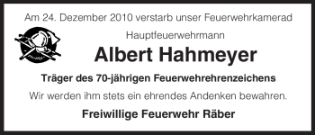 Traueranzeige von Albert Hahmeyer von ALLGEMEINE ZEITUNG UELZEN