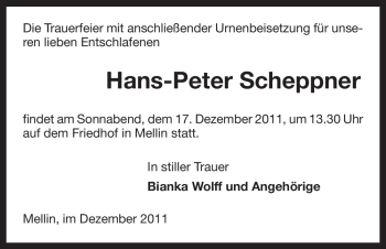 Traueranzeige von Hans-Peter Scheppner von ALLGEMEINE ZEITUNG UELZEN