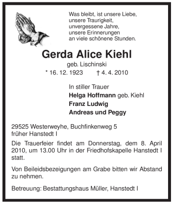Traueranzeige von Gerda Alice Kiehl von ALLGEMEINE ZEITUNG UELZEN