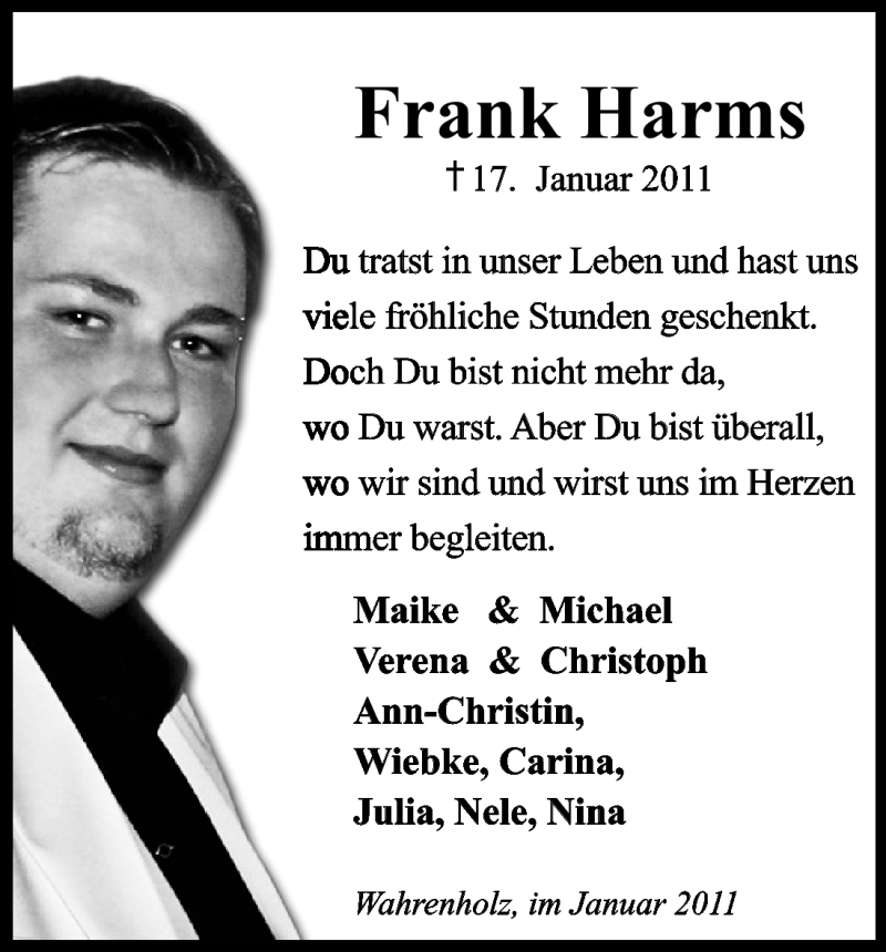  Traueranzeige für Frank Harms vom 22.01.2011 aus ALLGEMEINE ZEITUNG UELZEN