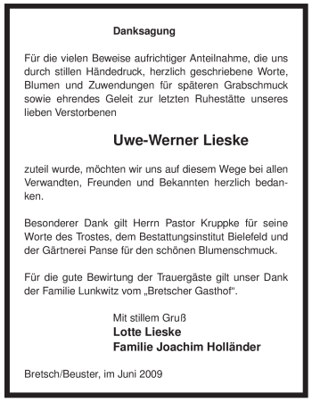 Traueranzeige von Uwe-Werner Lieske von ALLGEMEINE ZEITUNG UELZEN