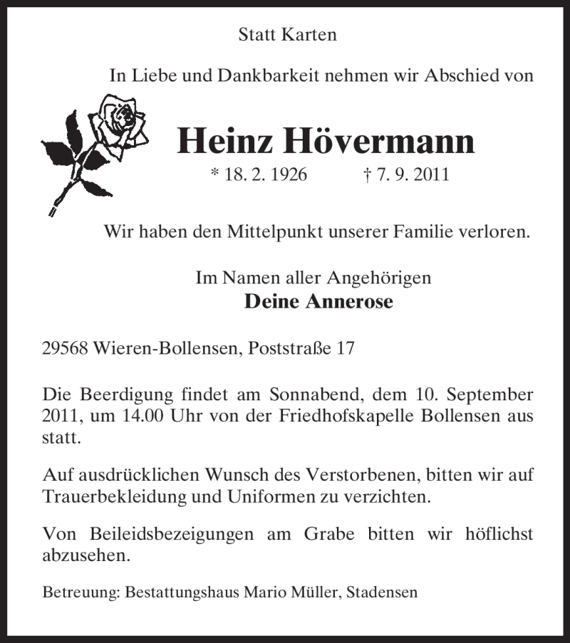  Traueranzeige für Heinz Hövermann vom 09.09.2011 aus ALLGEMEINE ZEITUNG UELZEN