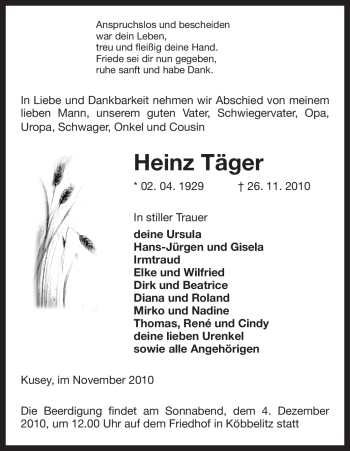 Traueranzeige von Heinz Täger von ALLGEMEINE ZEITUNG UELZEN