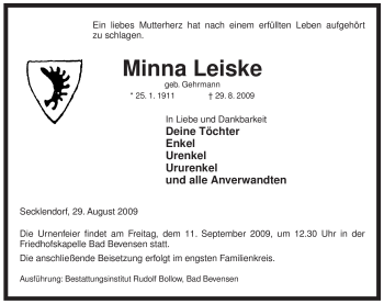 Traueranzeige von Minna Leiske von ALLGEMEINE ZEITUNG UELZEN