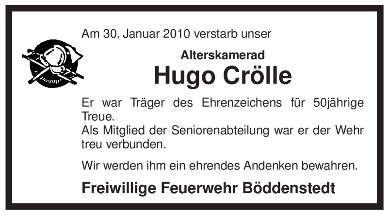  Traueranzeige für Hugo Crölle vom 03.02.2010 aus ALLGEMEINE ZEITUNG UELZEN