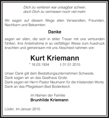 Traueranzeige von Kurt Kriemann von Uelzen