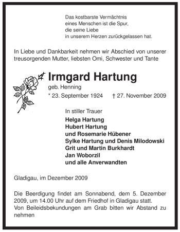 Traueranzeige von Irmgard Hartung von ALLGEMEINE ZEITUNG UELZEN