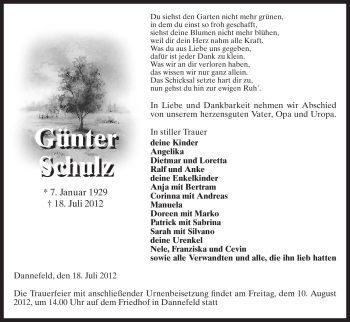 Traueranzeige von Günter Schulz von ALLGEMEINE ZEITUNG UELZEN