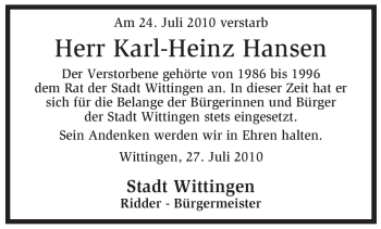 Traueranzeige von Karl-Heinz Hansen von ALLGEMEINE ZEITUNG UELZEN