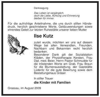 Traueranzeige von Ilse Kutz von ALLGEMEINE ZEITUNG UELZEN