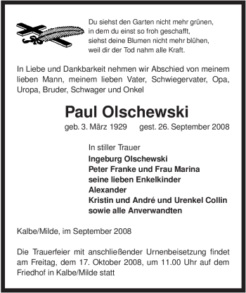 Traueranzeige von Paul Olschewski von ALLGEMEINE ZEITUNG UELZEN