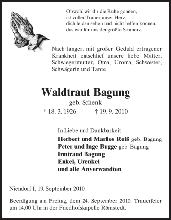 Traueranzeige von Waldtraut Bagung von ALLGEMEINE ZEITUNG UELZEN