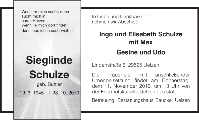  Traueranzeige für Sieglinde Schulze vom 02.11.2010 aus ALLGEMEINE ZEITUNG UELZEN