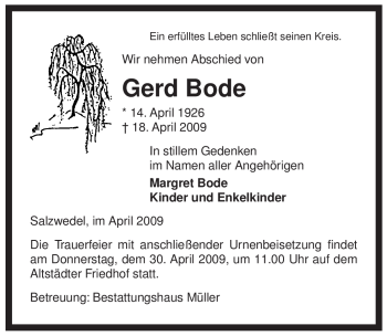 Traueranzeige von Gerd Bode von ALLGEMEINE ZEITUNG UELZEN