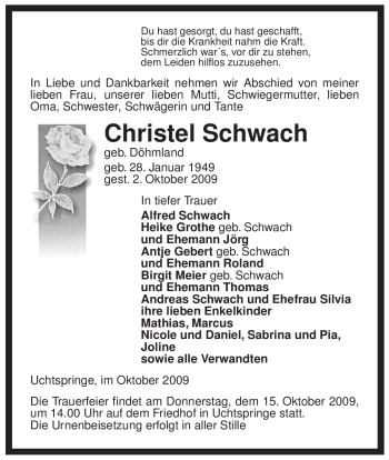 Traueranzeige von Christel Schwach von ALLGEMEINE ZEITUNG UELZEN