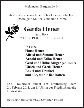 Traueranzeige von Gerda Heuer von ALLGEMEINE ZEITUNG UELZEN