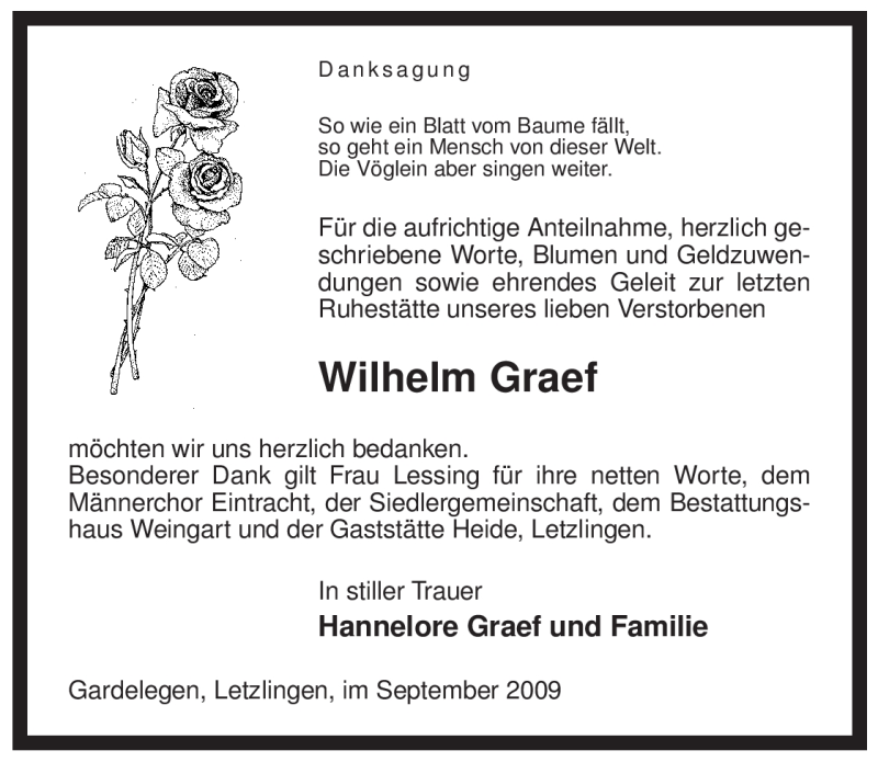  Traueranzeige für Wilhelm Graef vom 02.10.2009 aus ALLGEMEINE ZEITUNG UELZEN