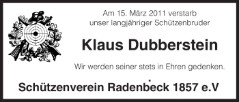 Traueranzeige von Klaus Dubberstein von ALLGEMEINE ZEITUNG UELZEN