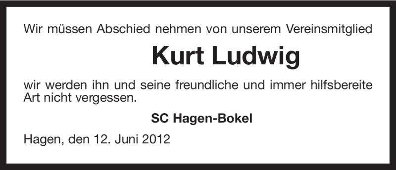  Traueranzeige für Kurt Ludwig vom 14.06.2012 aus ALLGEMEINE ZEITUNG UELZEN