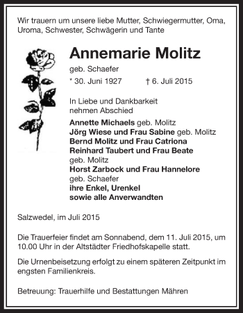 Traueranzeige von Annemarie Molitz von Uelzen