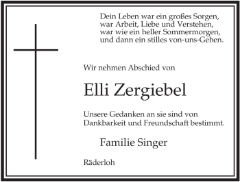 Traueranzeige von Elli Zergiebel von ALLGEMEINE ZEITUNG UELZEN