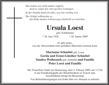 Traueranzeige von Ursula Loest von ALLGEMEINE ZEITUNG UELZEN