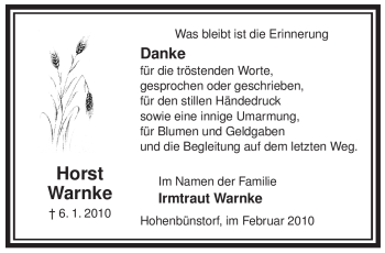 Traueranzeige von Horst Warnke von ALLGEMEINE ZEITUNG UELZEN