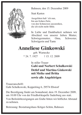 Traueranzeige von Anneliese Ginkowski von ALLGEMEINE ZEITUNG UELZEN